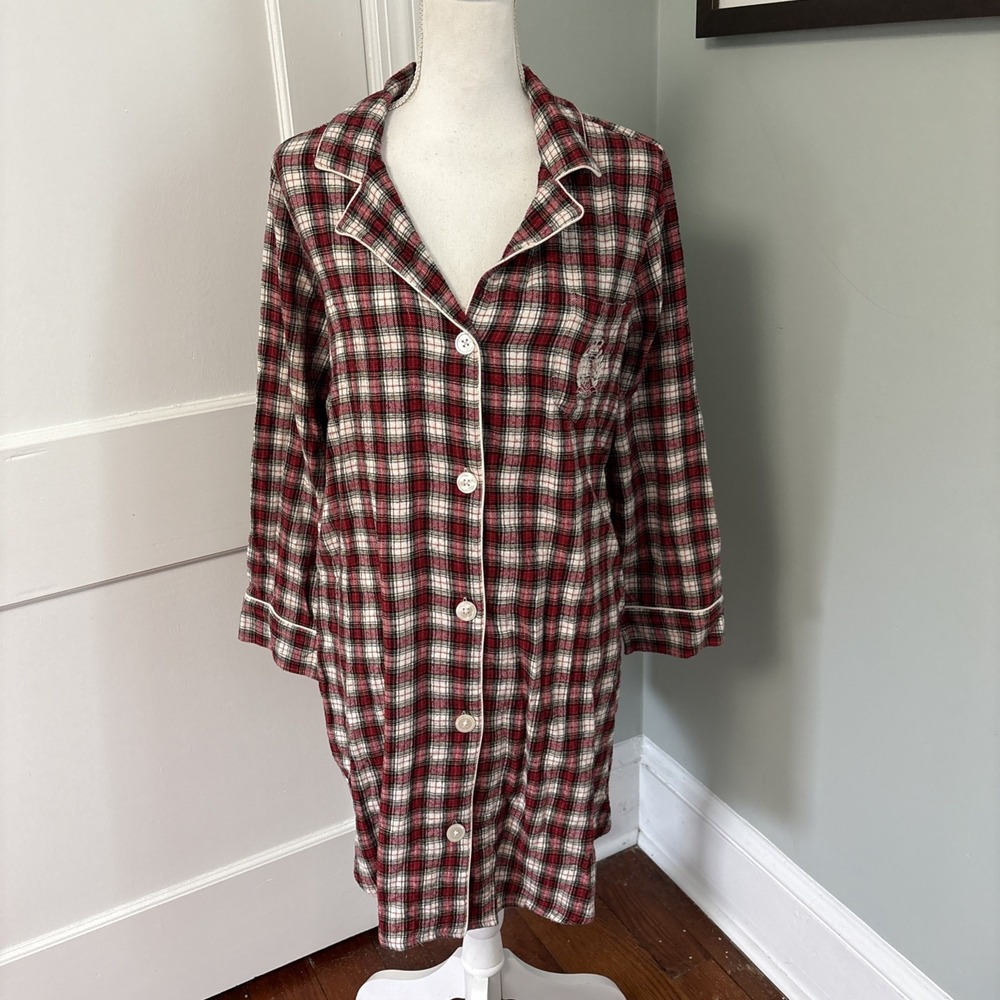 Ralph Lauren Womens Plaid Flannel Nightgown Sleep Shirt Brushed Twill Cotton 1X